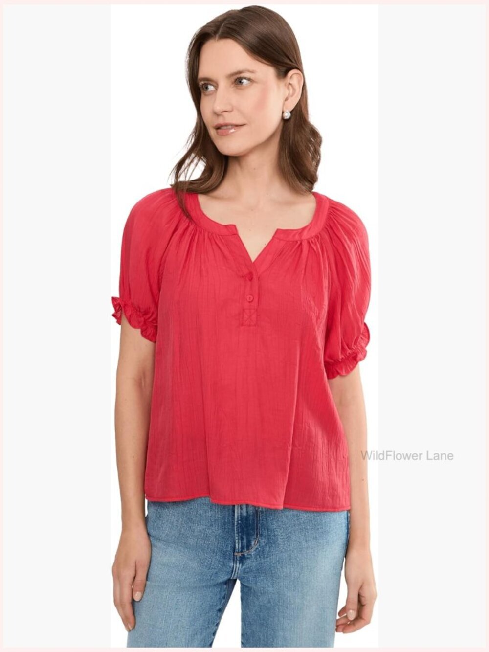 Short Sleeve Half Placket Woven Blouse - V-Neck Crinkle Rayon